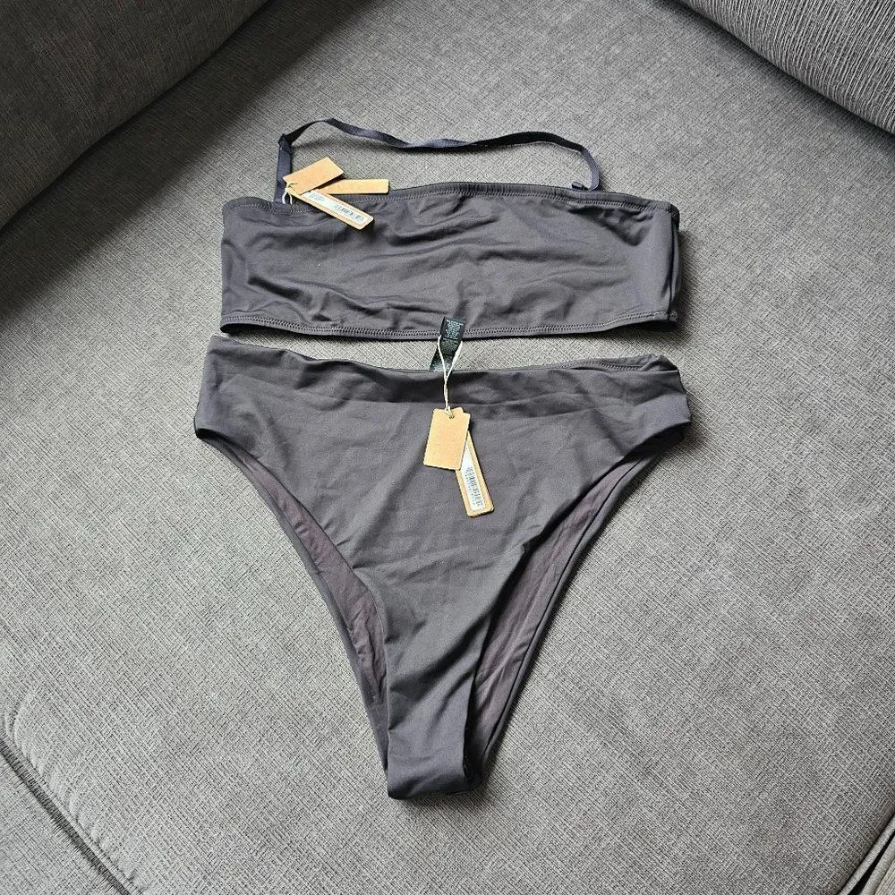 Skims Women's Onyx Bandeau Bikini Top & Mid Waist Bottoms Set Size XL